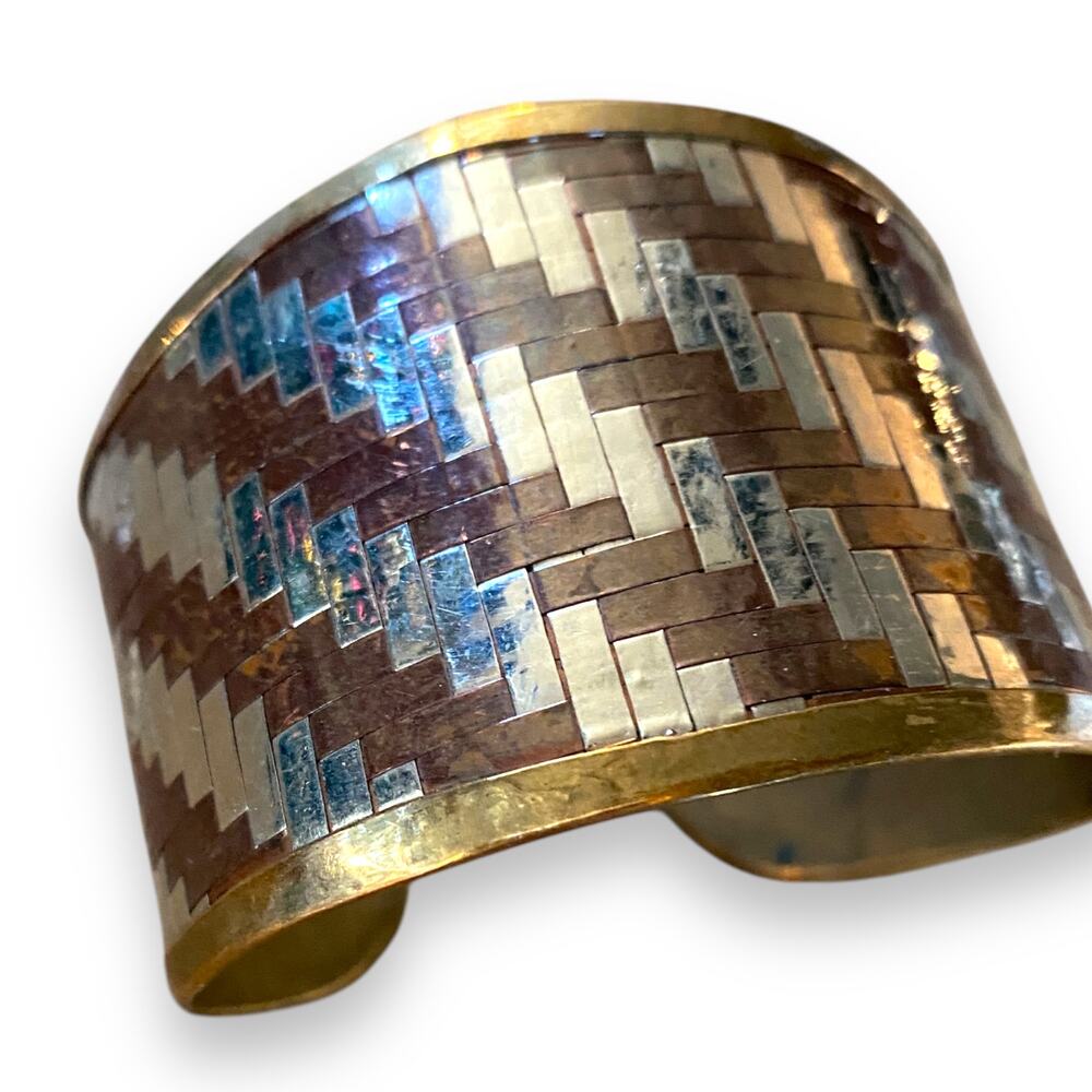 Vintage Wide Woven Metal  Cuff Bracelet copper brass silver Sz S/M Festival